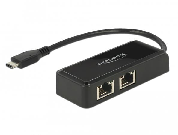 Delock Adaptér Super Speed USB (USB 3.1 Gen 1) s USB Type-C™ samec > 2 x Gigabit LAN 10/100/1000 Mbp