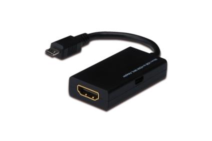 Digitus Micro USB na HDMI MHL adaptér, activ, Micro USB M / HDMI F, CE, FCC, UL Délka kabelu: 10 cm
