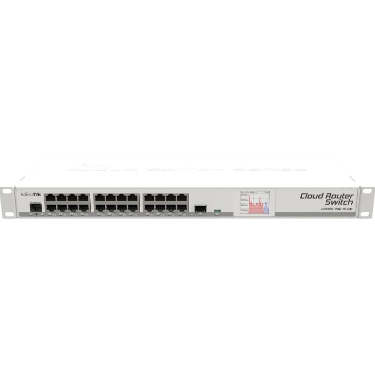 MikroTik Cloud Router Switch CRS125-24G-1S-RM, AR9344 CPU, 128MB RAM, 24xGigabit LAN, 1xSFP, RouterOS L5, LCDpanel