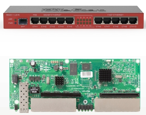 MikroTik RouterBOARD RB2011LS-IN, Atheros 74K MIPS CPU, 1xSFP, 64MB RAM, 5xLAN, 5xGbit LAN, RouterOS L4