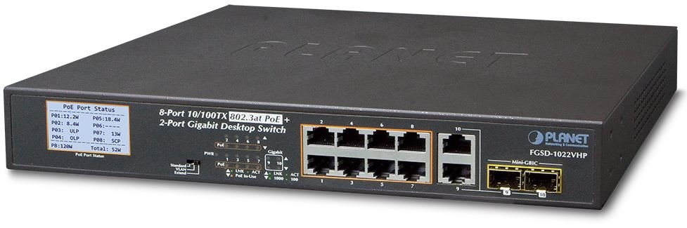 Planet FGSD-1022VHP PoE switch, 8x10/100Mbps + 2xGigabit TP/SFP Combo, LCD PoE monitor, 802.3at, 120W