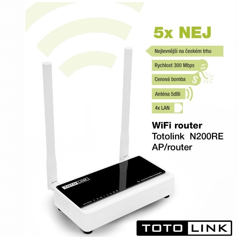 WiFi router Totolink N200RE AP/router/repeater/client, 4x LAN, 1x WAN (2,4GHz, 802.11n) 300Mbps, 2 SSID
